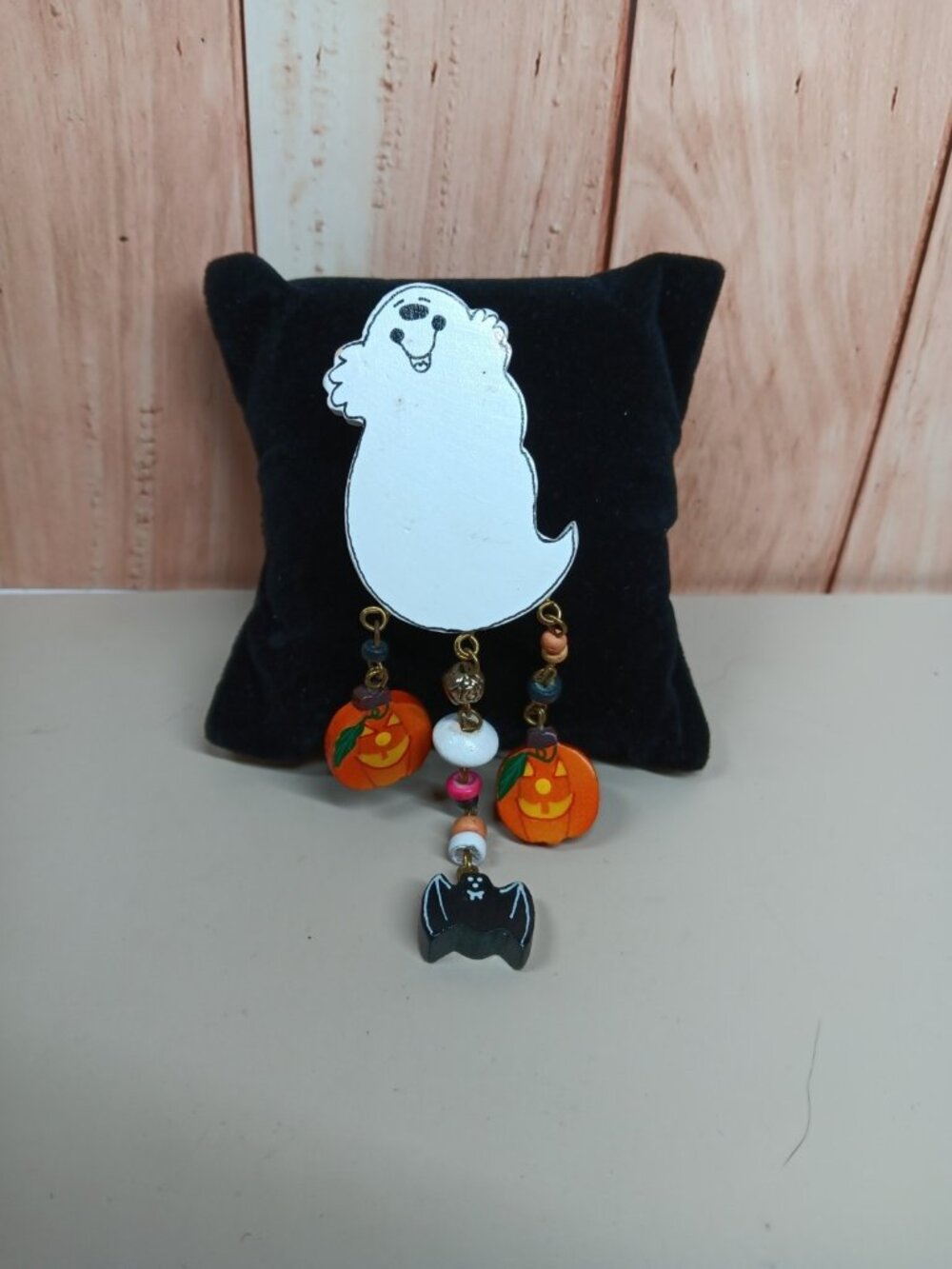 VTG Halloween Pin Brooch Ghost with Dangle Jack O Lanterns and Bat Wood Painted